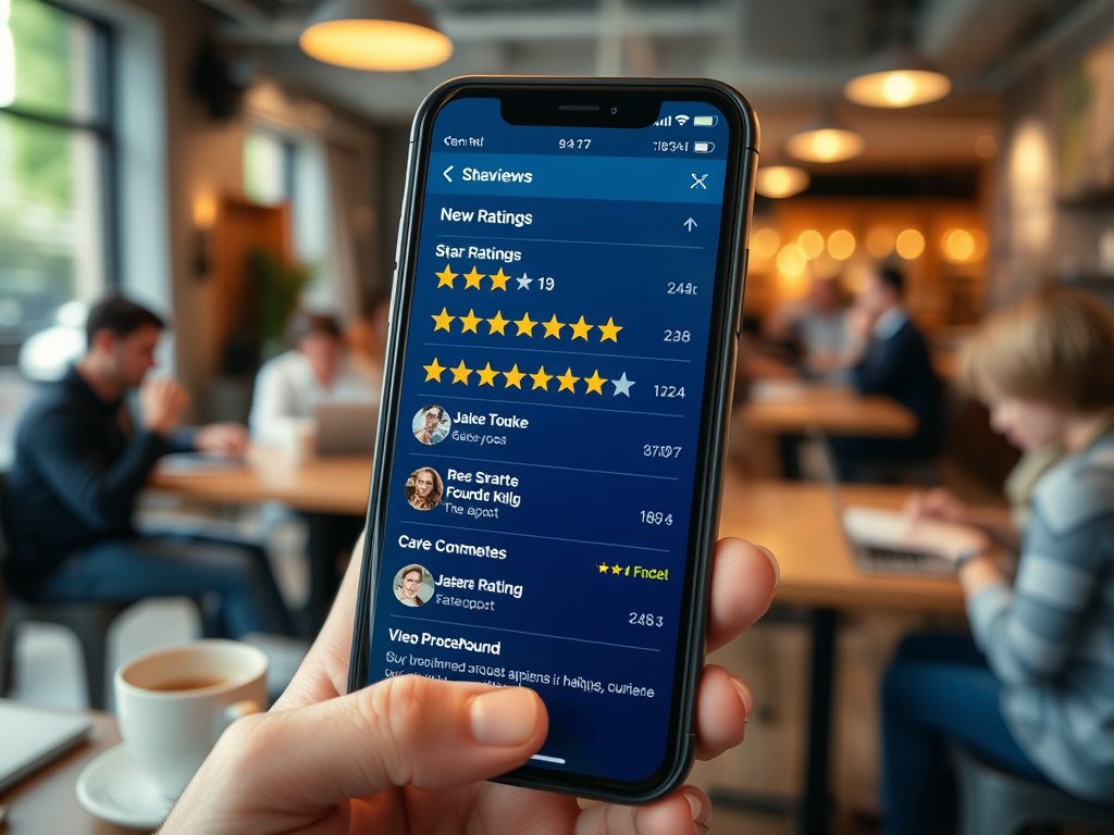На изображении изображен смартфон с интерфейсом приложения, показывающим новые рейтинги и отзывы.