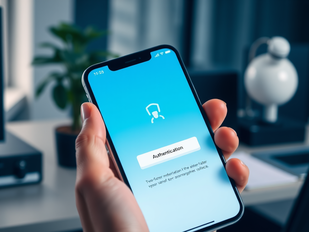 На экране смартфона отображается запрос на аутентификацию с синим фоном и текстом "Authentication".
