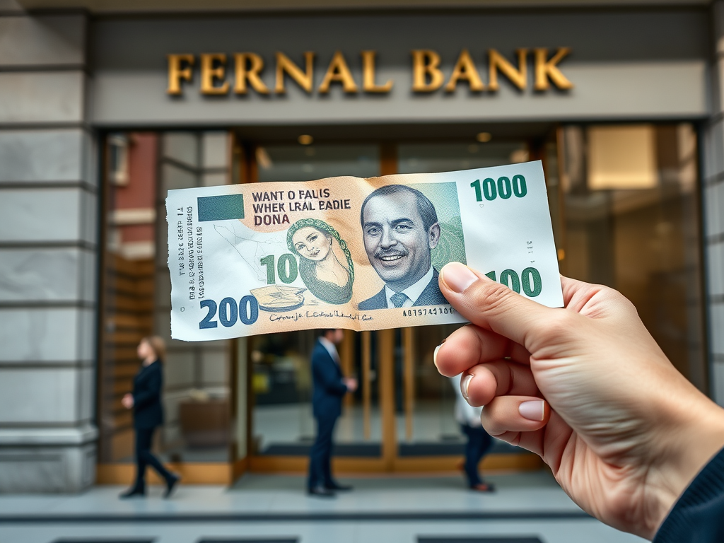 На переднем плане рука держит банкноту 1000 с логотипом банка "Fernal Bank" на фоне.